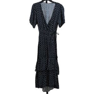 Black White Polka Dot Maxi Dress Deep V Neck Ruffle Tier Boho Romantic Medium